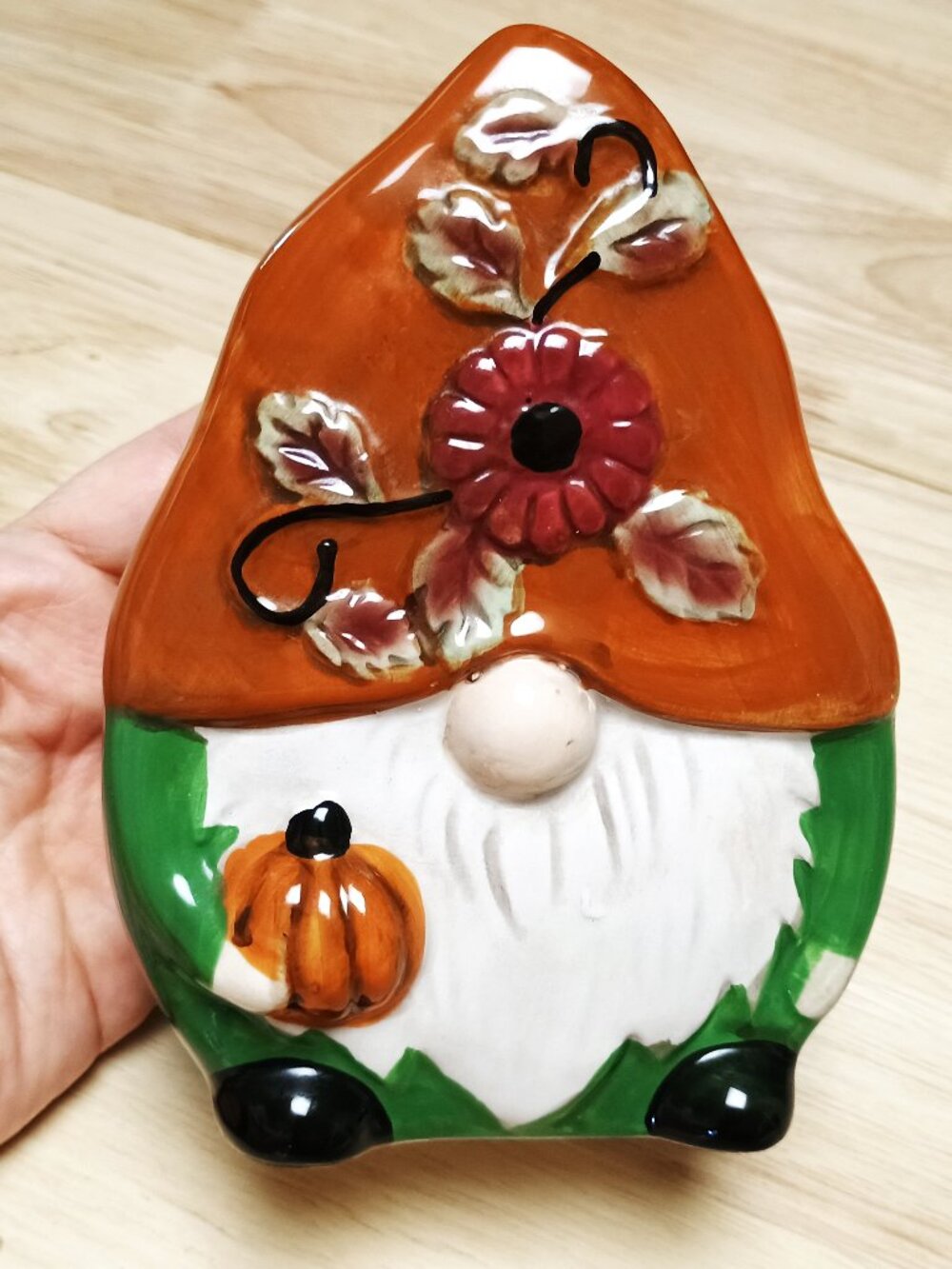 Harvest Gnome Napkin Holder, Ceramic, Fall Autumn Decor, Garden Gnome w/ Pumpkin - Picture 2 of 5